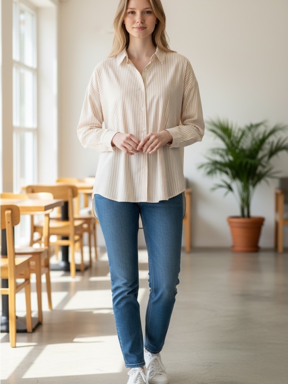 NWNT Zara Cream and White Striped Button-Down Shirt